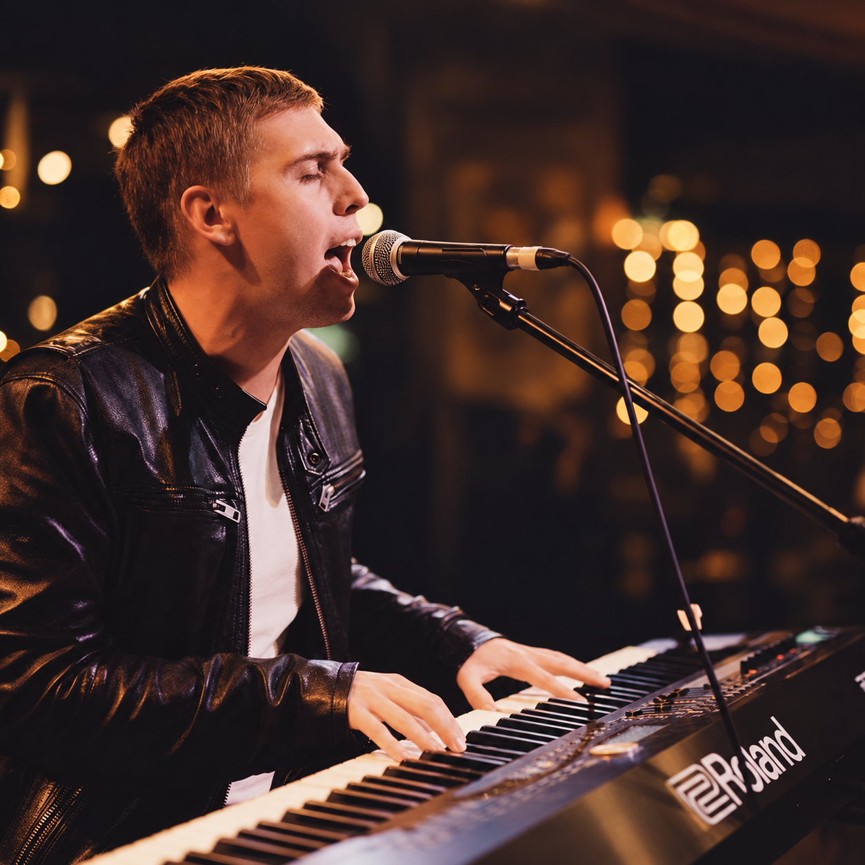 James Wood singing into a microphone while playing piano on stage